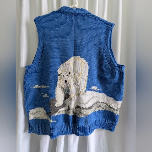 Vintage Handknit Polar Bear Vest Blue Button Front V-neck Men's Women's - Picture 4 of 11
